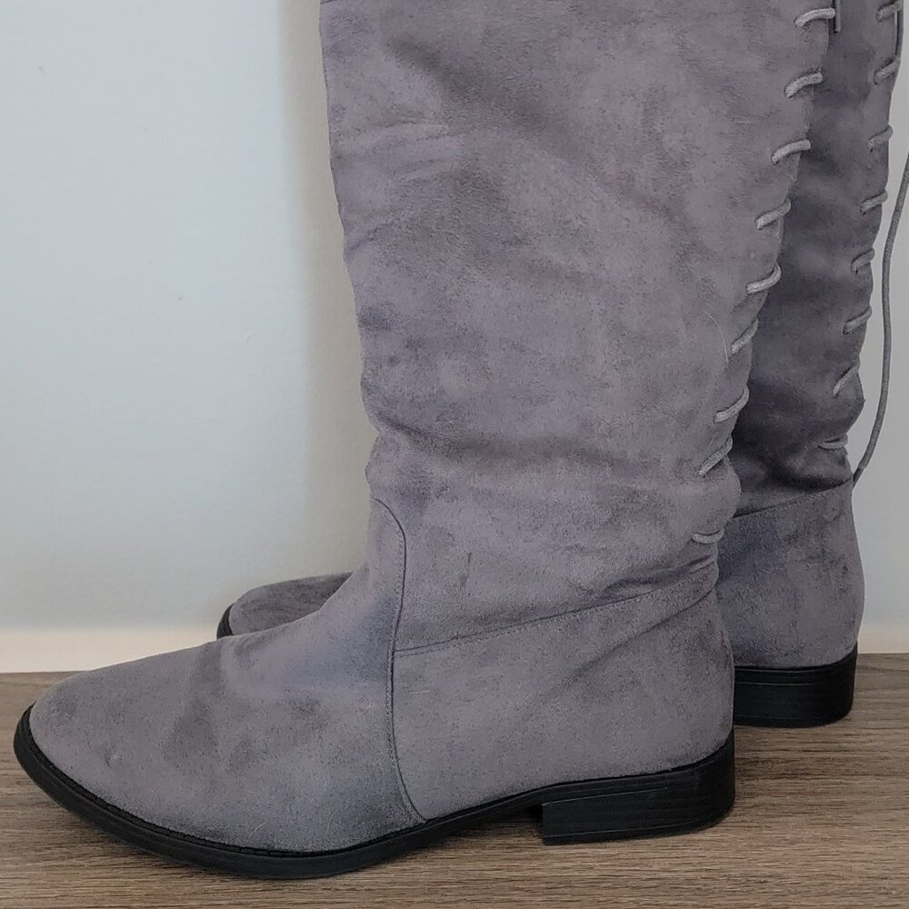 Gray Knee High Lace Up Boots - Charlotte Russe - Size 10